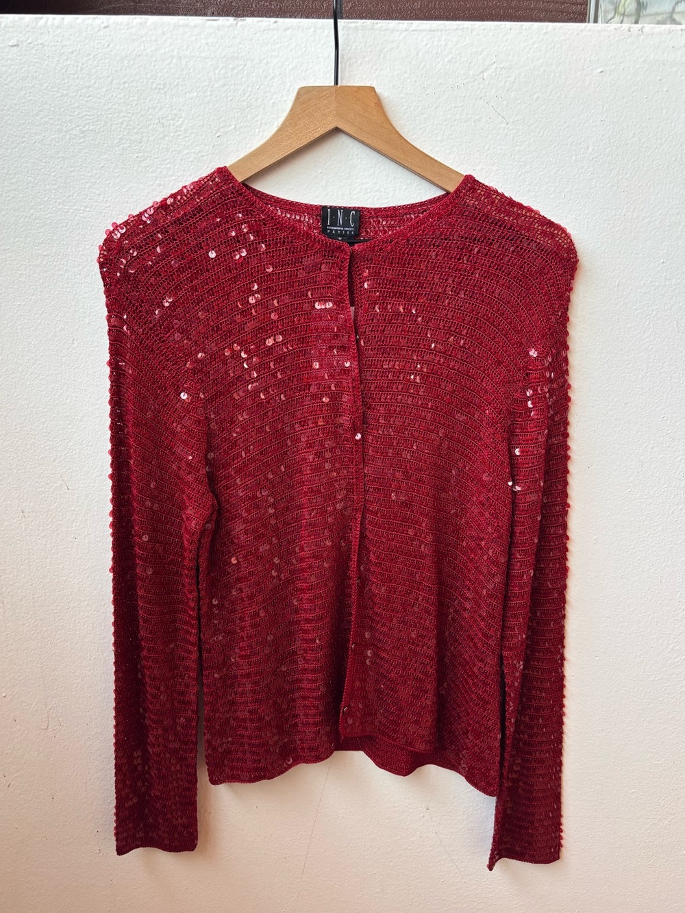 INC International Concepts Red Sequin Open-Front Knit Cardigan